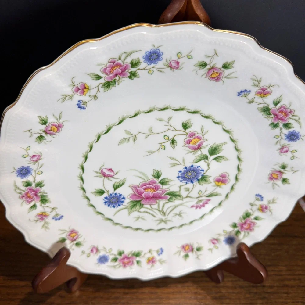 Spring Night Fine China Cake Plate Platter Floral Scalloped Gold Trim Vintage